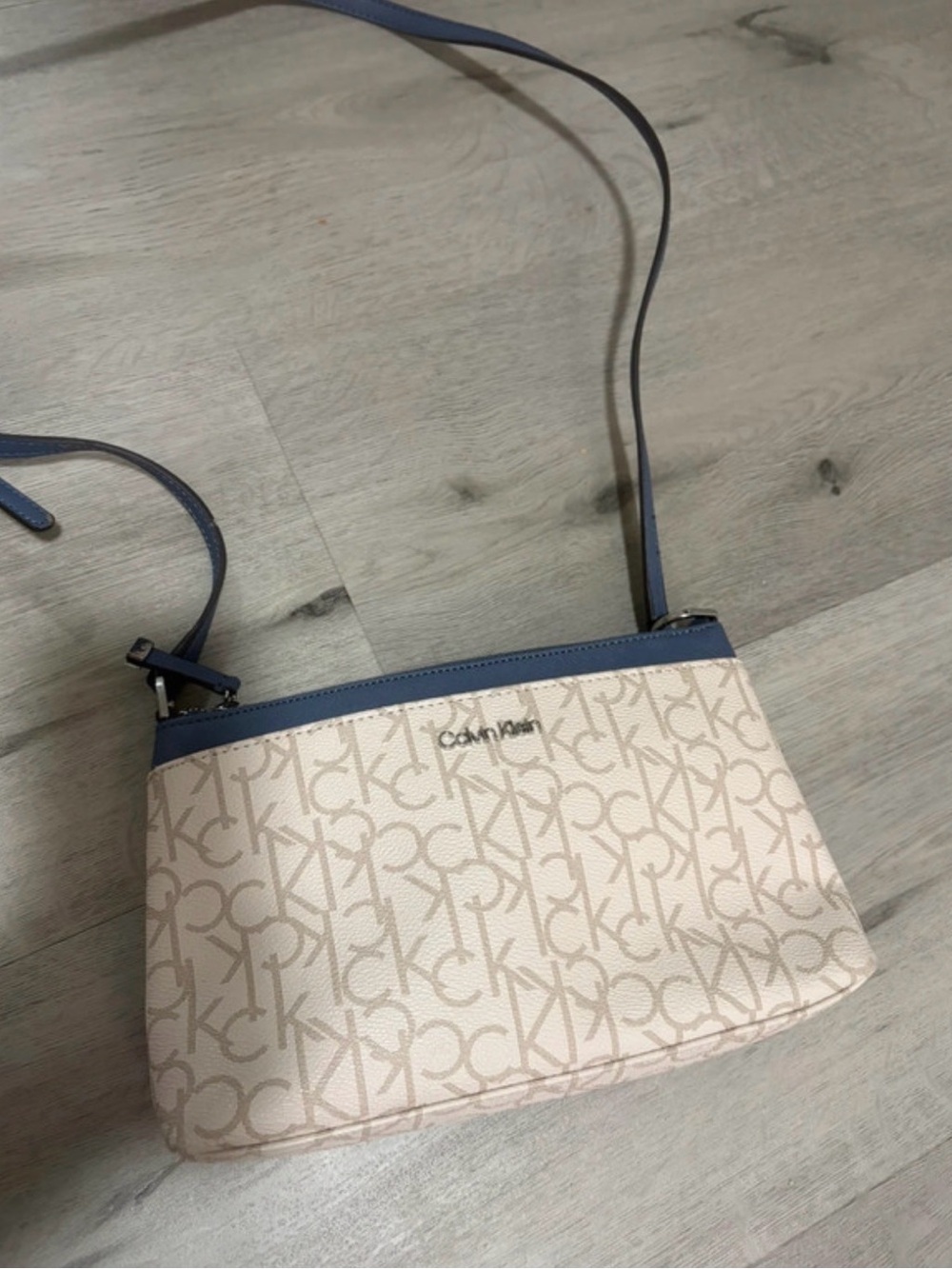 Calvin Klein Beige Monogram Crossbody with Blue Trim